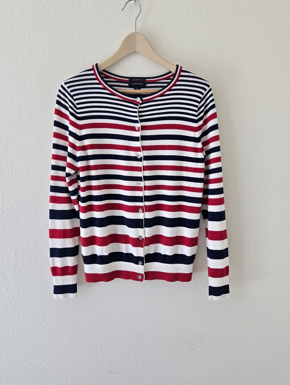 Lands' End Women's 6-8/ Small 100% Supima Cotton Red White Blue Stripe Cardigan - Picture 4 of 15